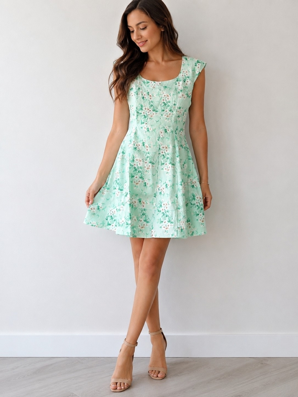 A New Day Mint Green Floral 100% Cotton Fit & Flare Dress Size 8